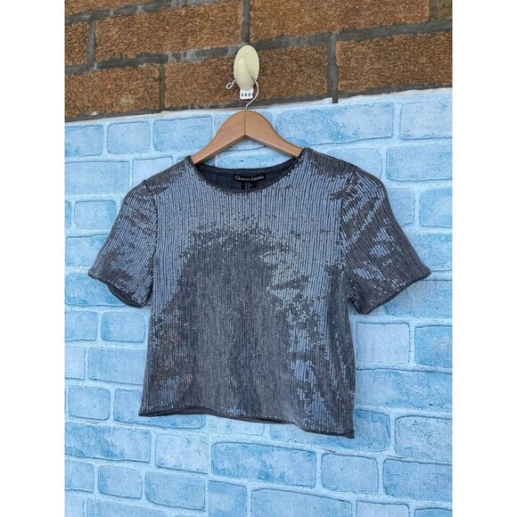 Christian Lacroix Scoop Neck Short Sleeve cropped Metallic & Silver sequin top - Picture 3 of 6